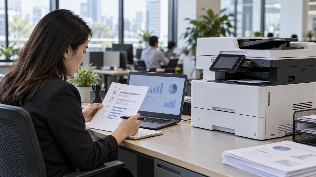 Ilustrasi audit kebutuhan printer kantor dengan checklist dan printer multifungsi